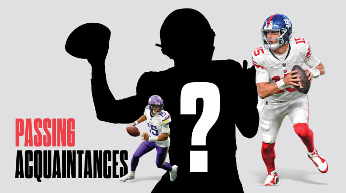a graphic with the text “Passing Acquaintances’ On it, with joshua dobbs and tommy devito both running with the football overlayed over a silhouette with a question mark